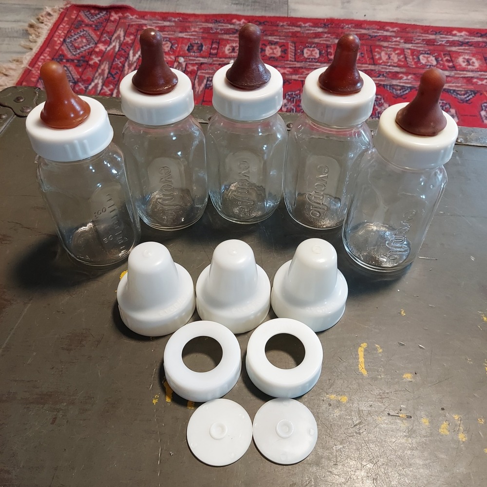 Vintage Evenflo Glass Baby Bottles 4oz Set of 5 with Nipples and Caps Clear MCM
